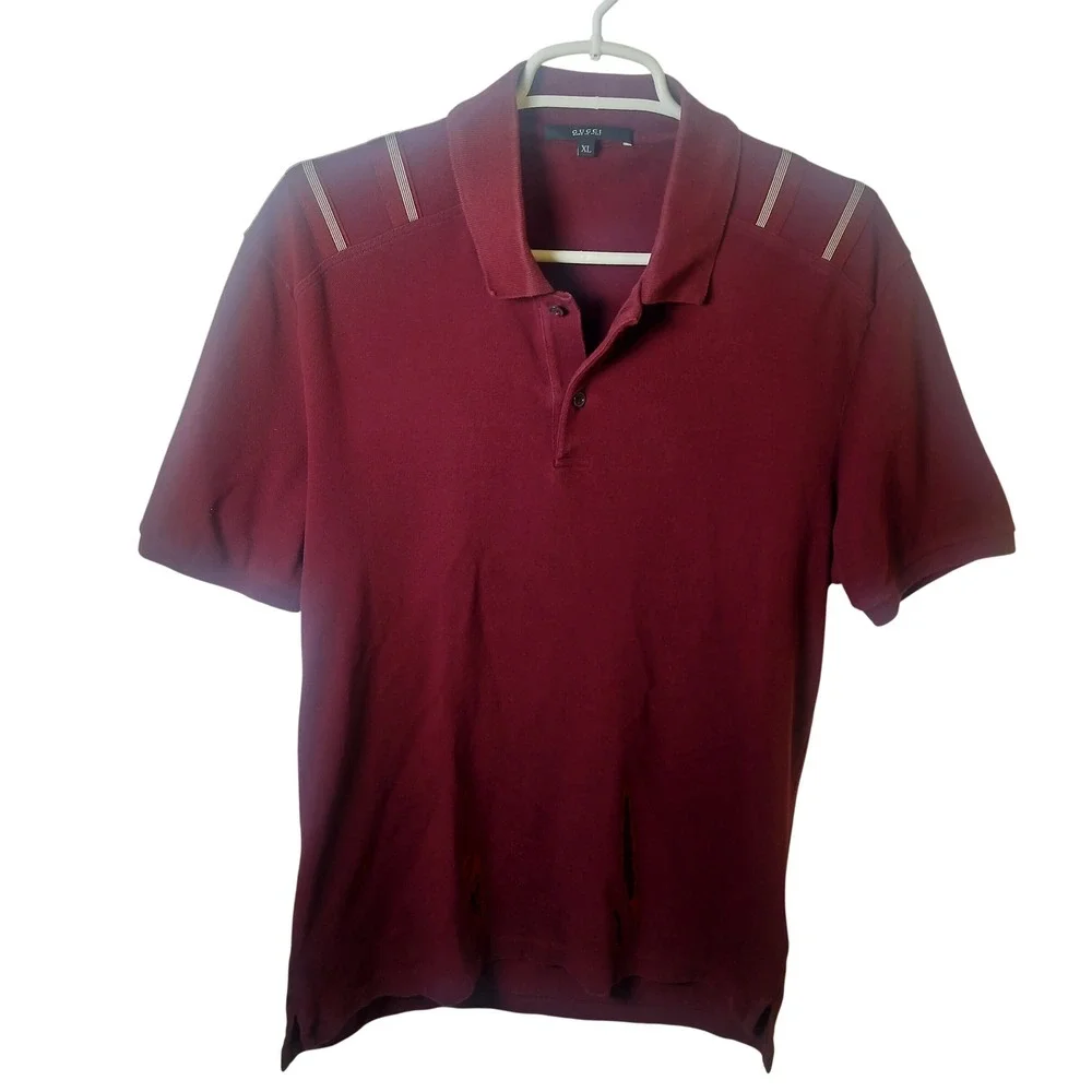 Gucci Mens Burgundy Pique Polo Shirt Shoulder Stripe Webbing Detail XL Italy